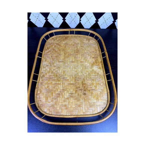 Vintage Other - Vintage Woven Bamboo Tray Rattan Gallery Edge 19x14 Inch